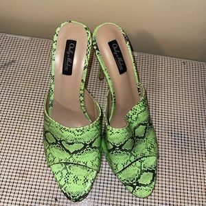 Green and Black snake skin heeled mule